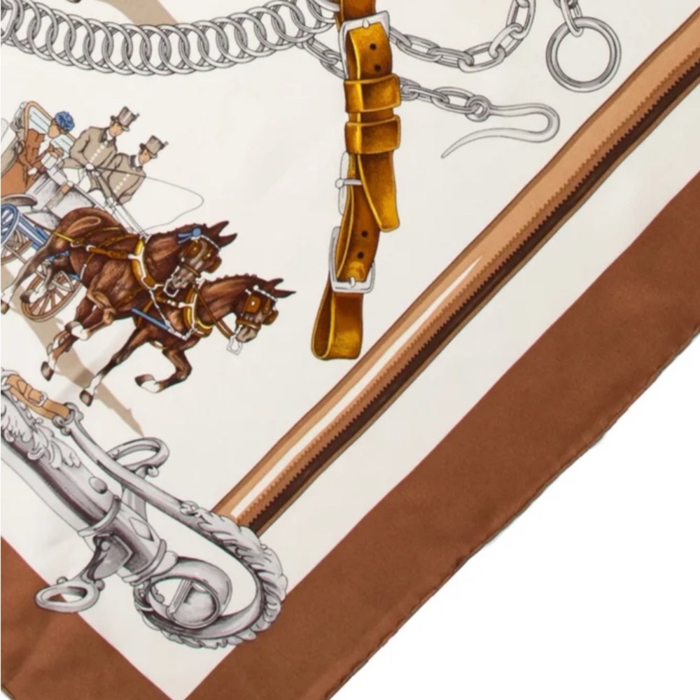 Hermès “Équipages” 100% Silk Scarf by Ledoux – Brown Carriage Equestrian‎ Print - Picture 2 of 13